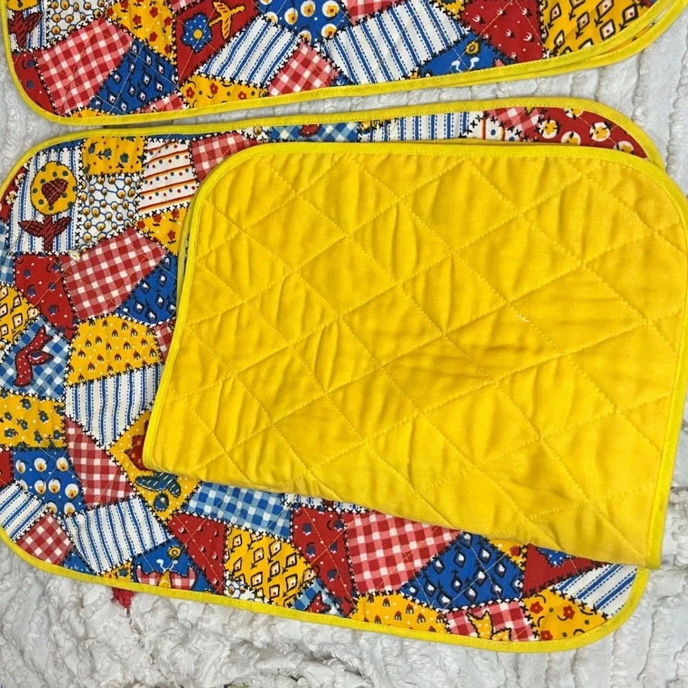 Vintage Quilted Patchwork Placemats Set of 4‎ Yellow Red gingham Blue Farmhouse